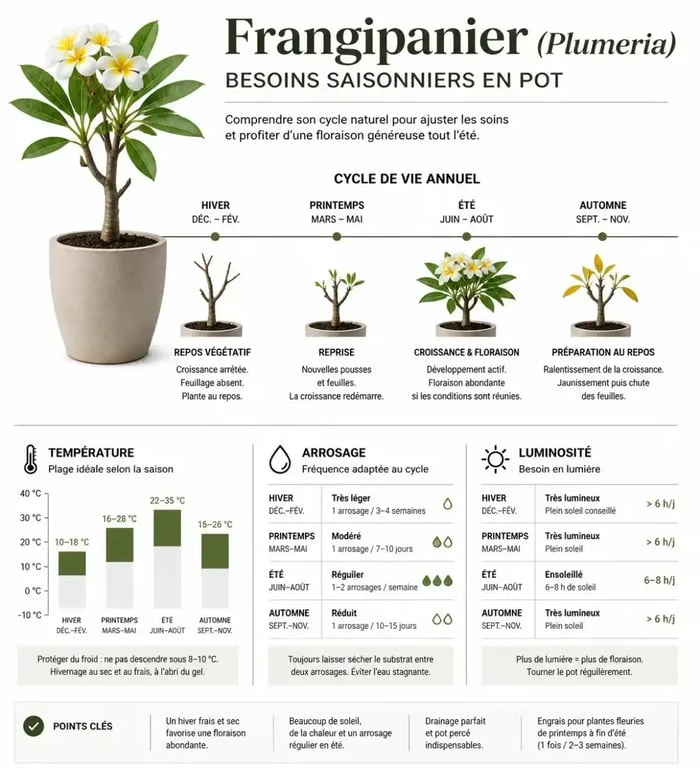 Infographie des besoins saisonniers pour la culture des fleurs frangipanier en pot