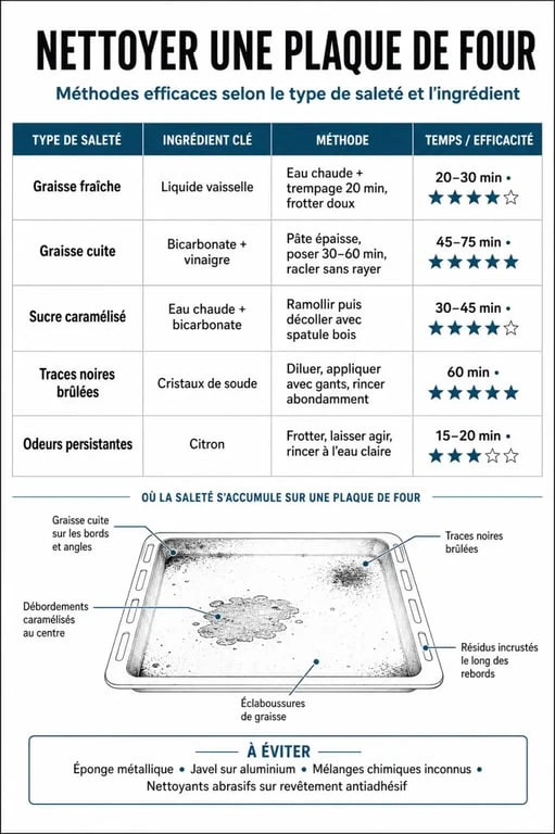 Infographie comparative des méthodes pour nettoyer plaque four efficacement