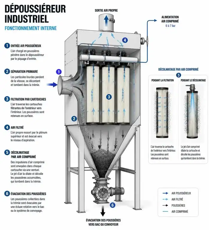Schéma de fonctionnement d'un dépoussiéreur industriel montrant le processus de filtration des poussières.