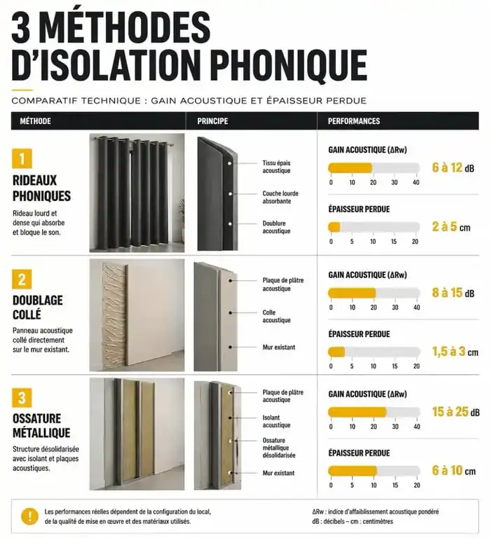 Infographie comparative des techniques pour isoler phoniquement une pièce
