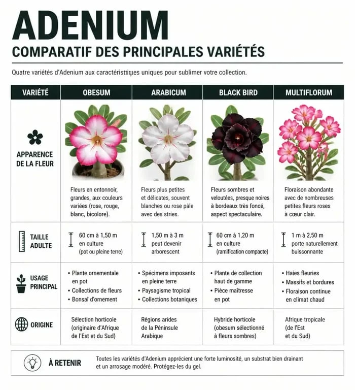 Tableau comparatif des variétés d'adenium rose du désert