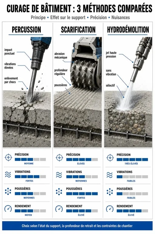 Infographie comparative des méthodes de curage de bâtiment : percussion, scarification et hydrodémolition