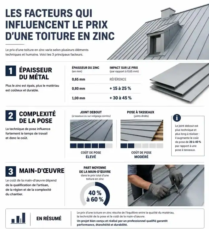 Infographie récapitulative des facteurs influençant le prix d'un toit en zinc et des techniques de pose