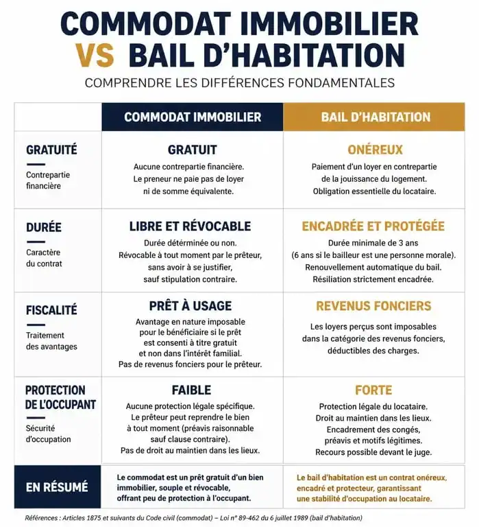 Tableau comparatif entre le commodat immobilier et le bail d'habitation