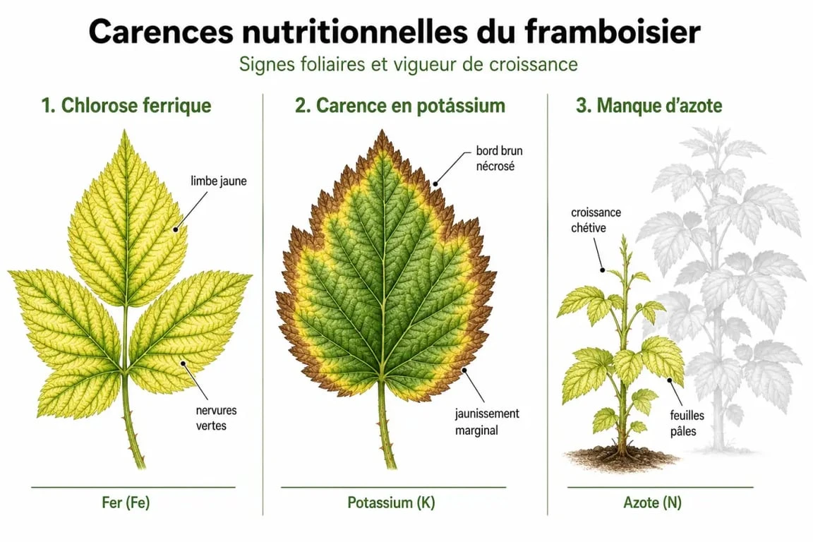 Symptômes de carences nutritionnelles sur les feuilles de framboisier pour guider l'application d'engrais framboisier