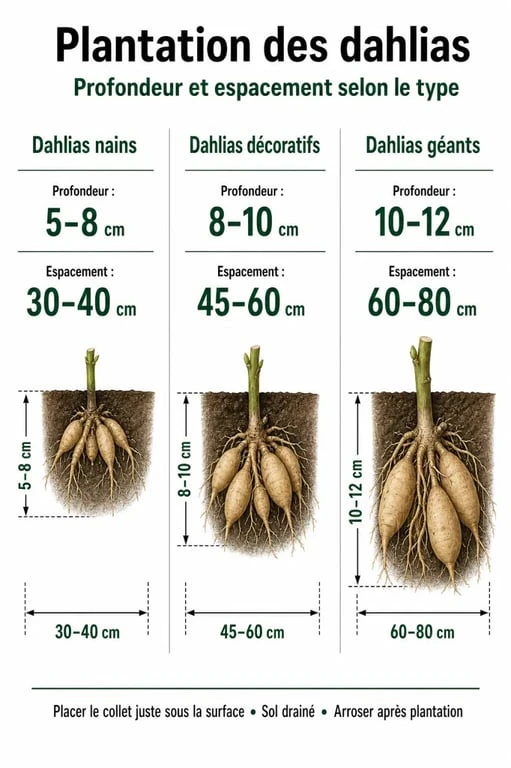 Infographie sur la profondeur et l'espacement pour planter les dahlias en pleine terre
