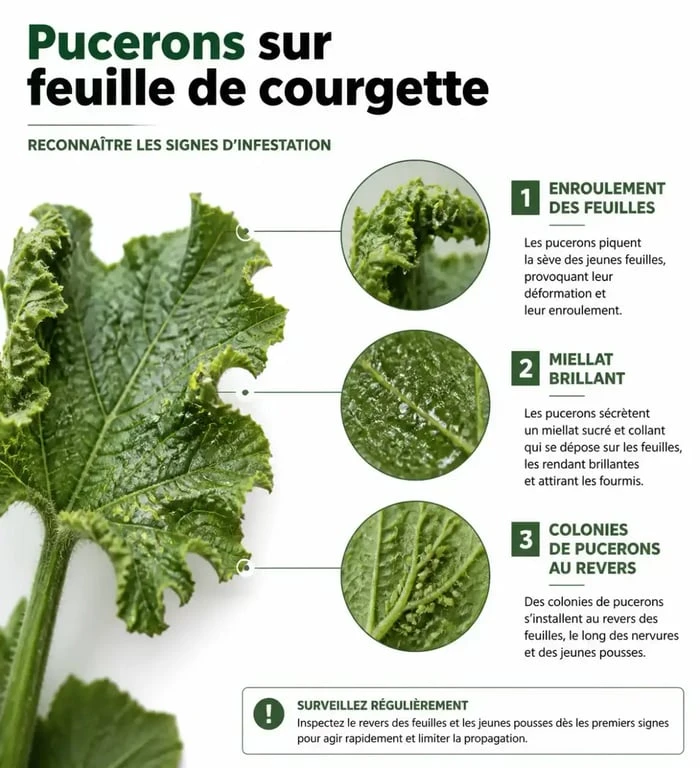 Infographie illustrant les signes d'infestation de pucerons sur courgette pour une identification rapide