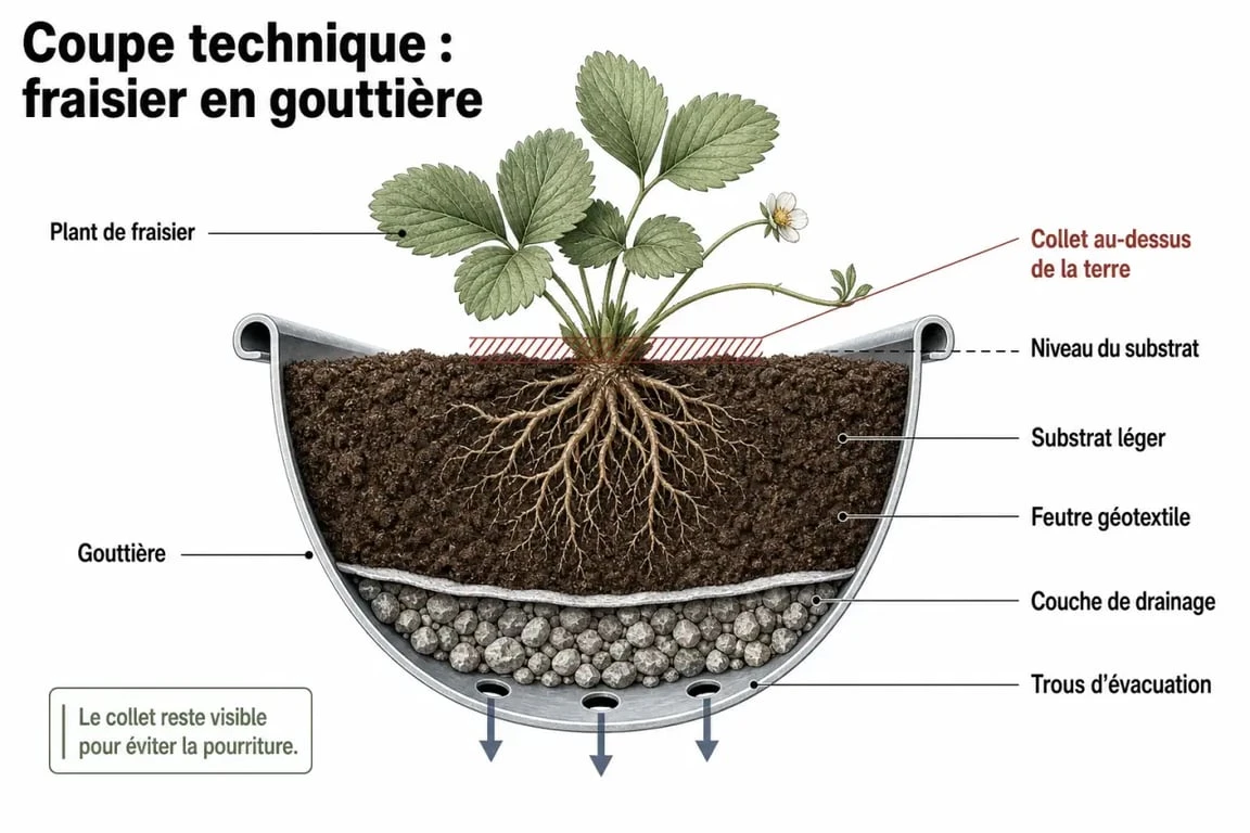 Schéma technique de plantation de fraisier dans gouttière pour un potager vertical réussi