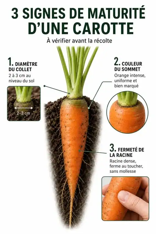 Infographie des signes de maturité pour savoir quand récolter les carottes au potager