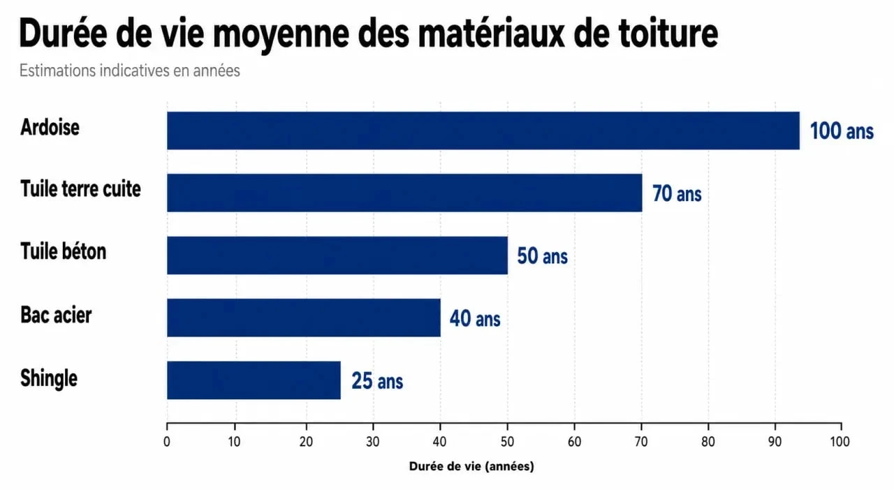 Infographie comparative de la durée de vie des matériaux de toiture : ardoise, tuile, bac acier et shingle.