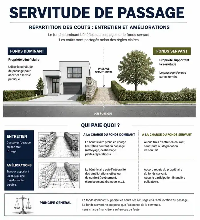 Infographie sur la répartition des frais d'entretien d'une servitude de passage entre fonds dominant et fonds servant