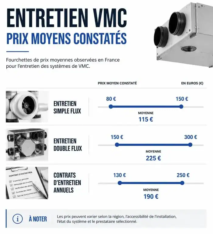 Infographie des prix moyens pour l'entretien d'une VMC simple flux et double flux