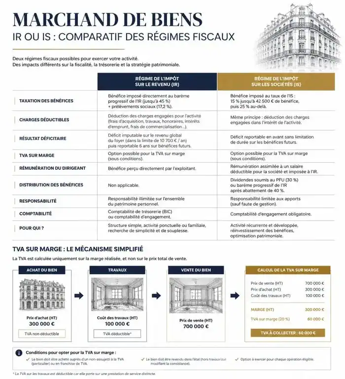 Infographie comparative de la fiscalité pour marchand de biens : IR vs IS et fonctionnement de la TVA sur marge.