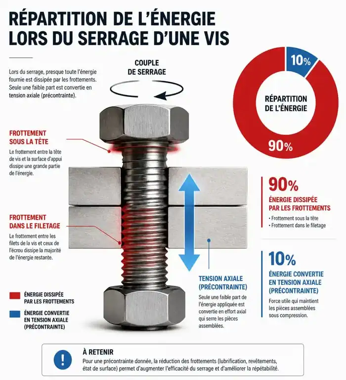 Répartition de l'énergie lors du serrage d'une vis : frottements vs précontrainte