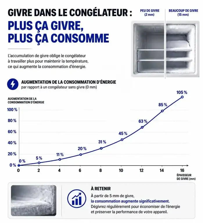 Infographie sur l'impact du givre sur la consommation électrique du congélateur