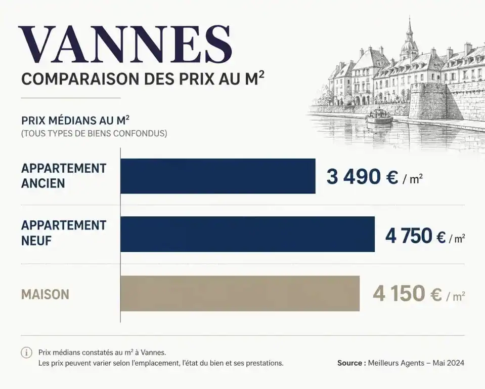 Graphique des prix immobiliers au mètre carré à Vannes par type de bien