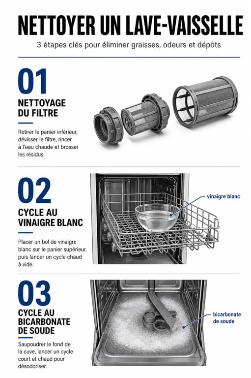 Infographie des étapes pour nettoyer son lave-vaisselle au vinaigre blanc et bicarbonate