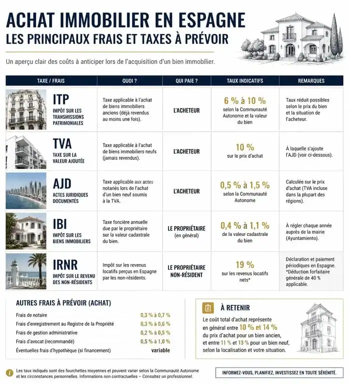 Récapitulatif des frais et taxes pour investir en immobilier en Espagne