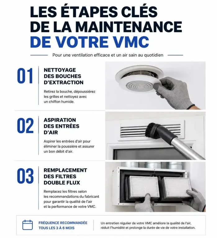 Infographie des étapes de maintenance VMC pour un entretien efficace