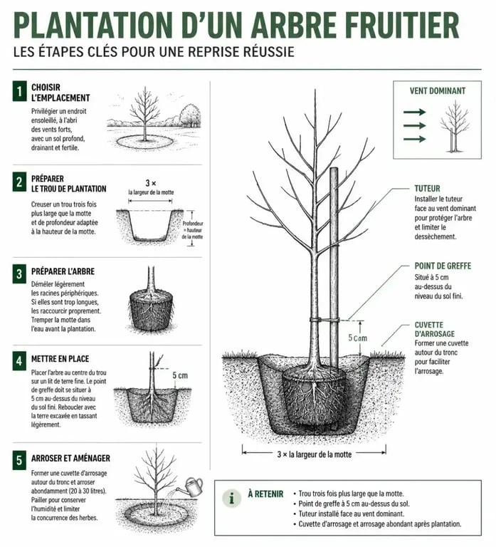Schéma des étapes clés pour planter un arbre fruitier avec succès