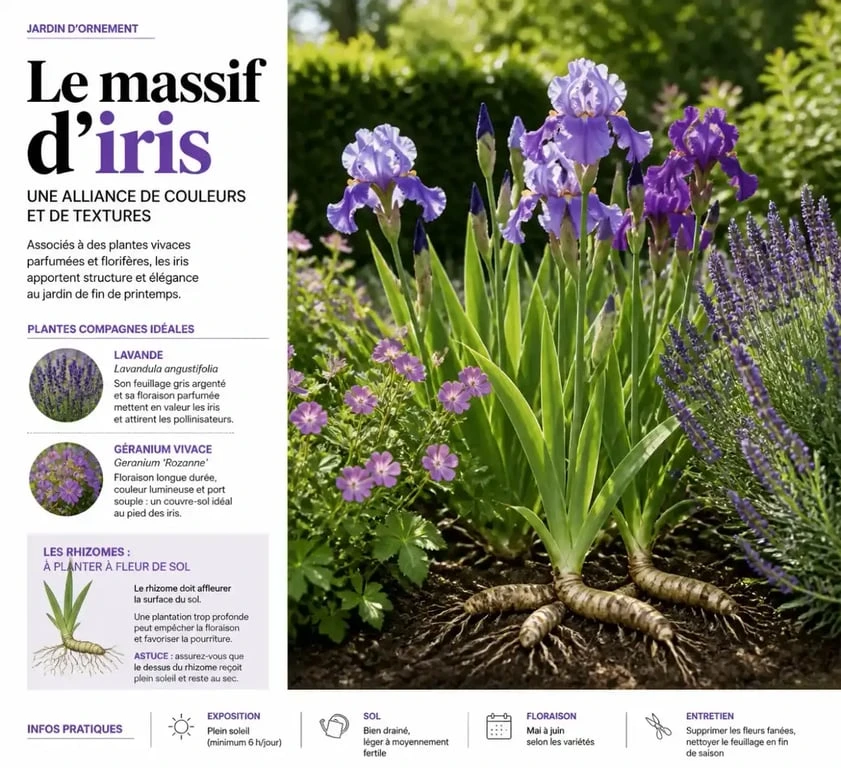 Massif d'iris avec plantes compagnes au jardin pour une association réussie