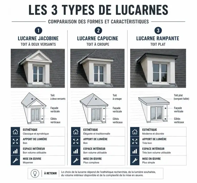 Comparatif des trois types de lucarnes pour chien assis maison : jacobine, capucine et rampante