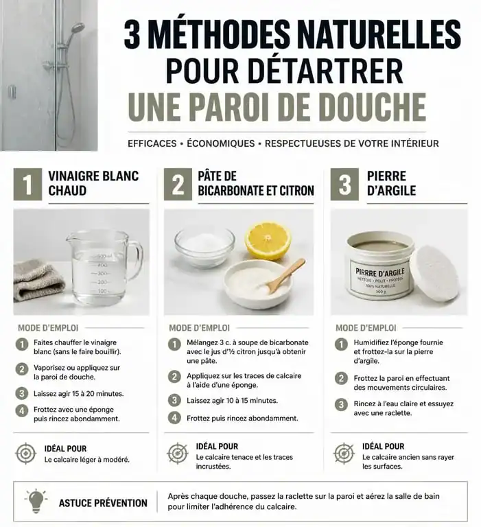 Infographie des méthodes naturelles pour enlever le calcaire sur les parois de douche
