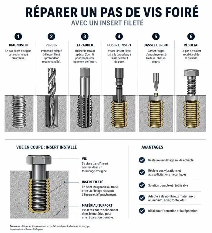 Schéma technique illustrant la réparation d'un pas de vis foiré avec un insert fileté