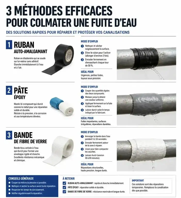Infographie des méthodes pour colmater une fuite d'eau sous pression : ruban, pâte époxy et bande résinée