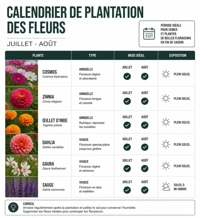 Infographie récapitulative des fleurs à planter en juillet et août pour un jardin fleuri