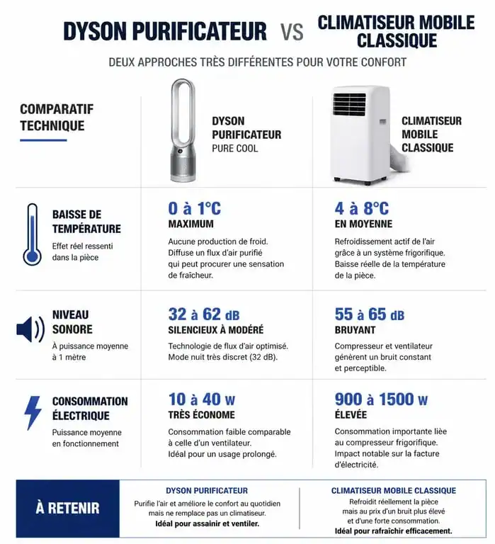 Infographie comparative : Dyson vs climatiseur mobile pour le refroidissement et le confort thermique