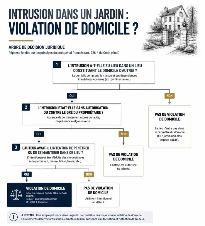 Infographie des critères juridiques pour la violation de domicile dans un jardin