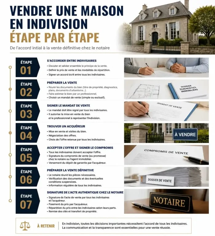 Schéma des étapes de la vente d'une maison en indivision entre frères et sœurs