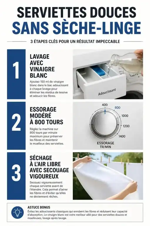 Infographie des étapes pour avoir des serviettes de toilette moelleuses sans sèche-linge