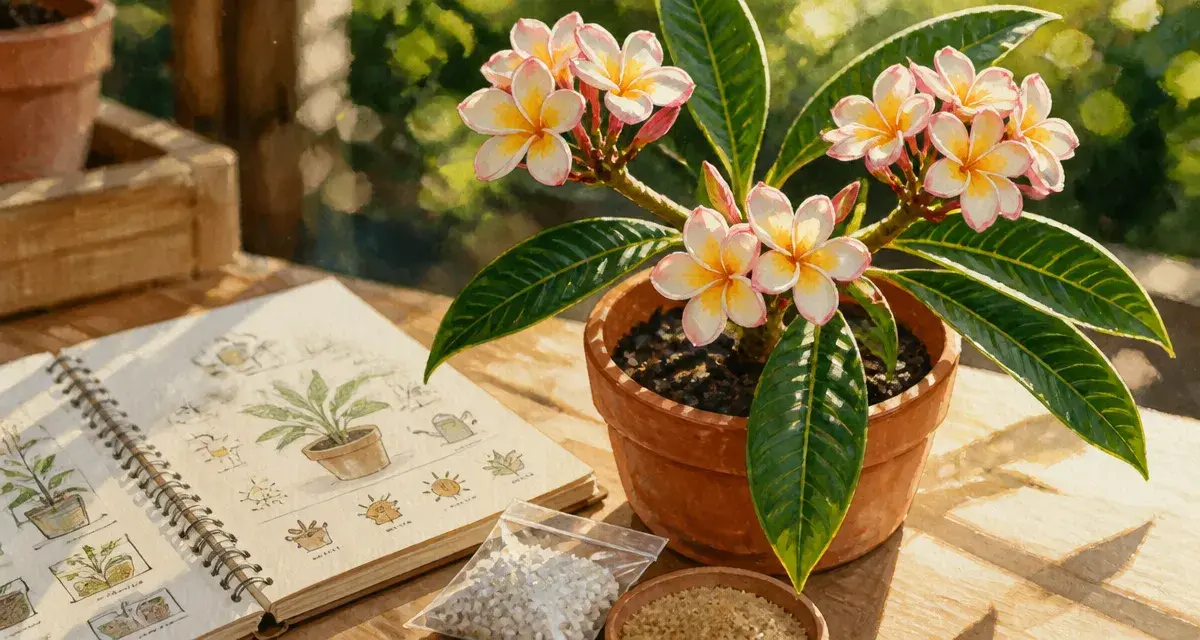 Fleurs frangipanier en pot : panicules blanches et feuilles vertes