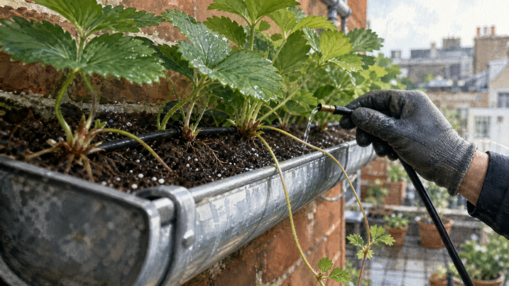Fraisier dans gouttière : plants bien enracinés et arrosage au goutte-à-goutte