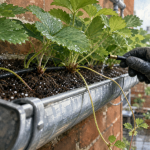 Fraisier dans gouttière : plants bien enracinés et arrosage au goutte-à-goutte