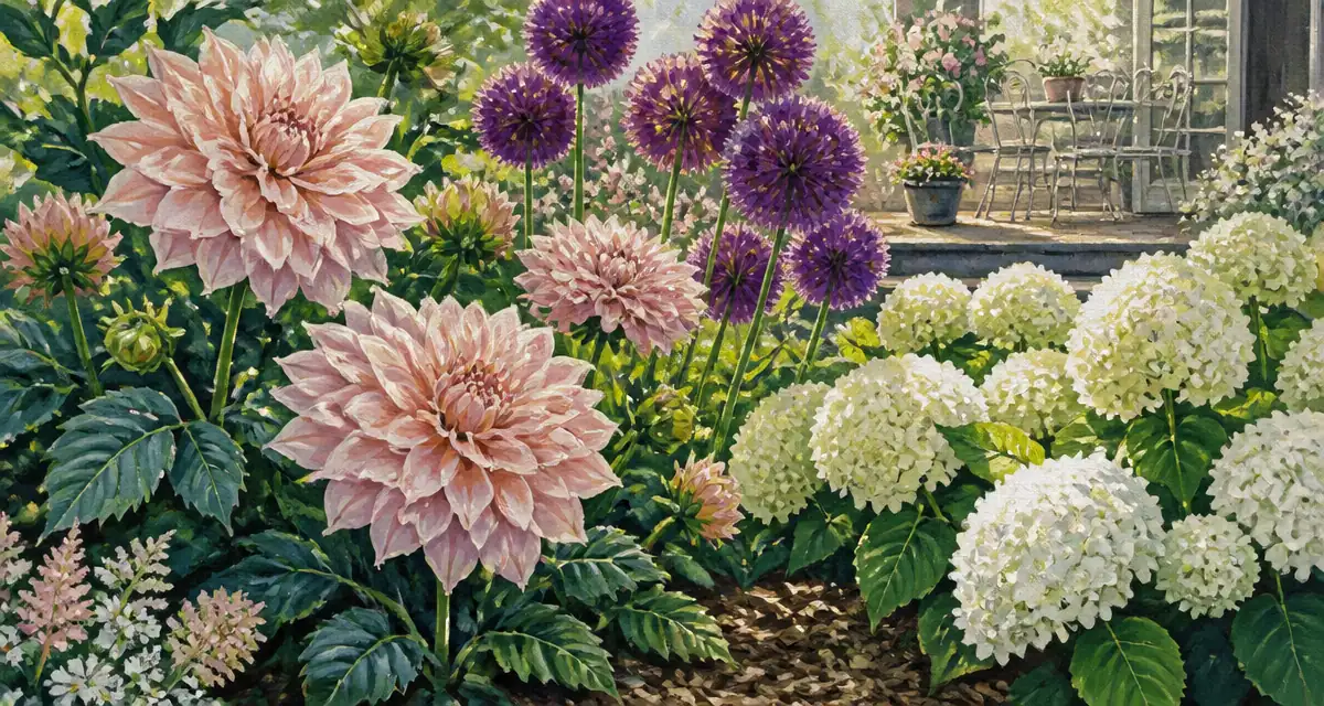 grosse fleur dahlias alliums hortensias jardin
