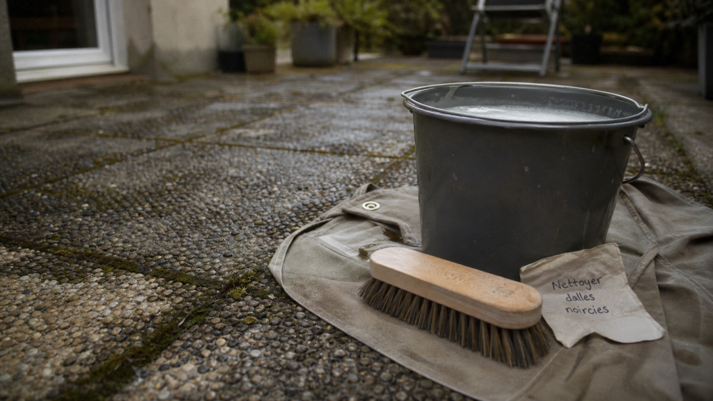 Nettoyer des dalles gravillonnées noircies : brosse et eau sur terrasse