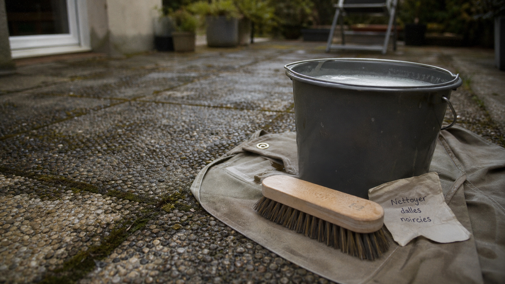 Nettoyer des dalles gravillonnées noircies : brosse et eau sur terrasse