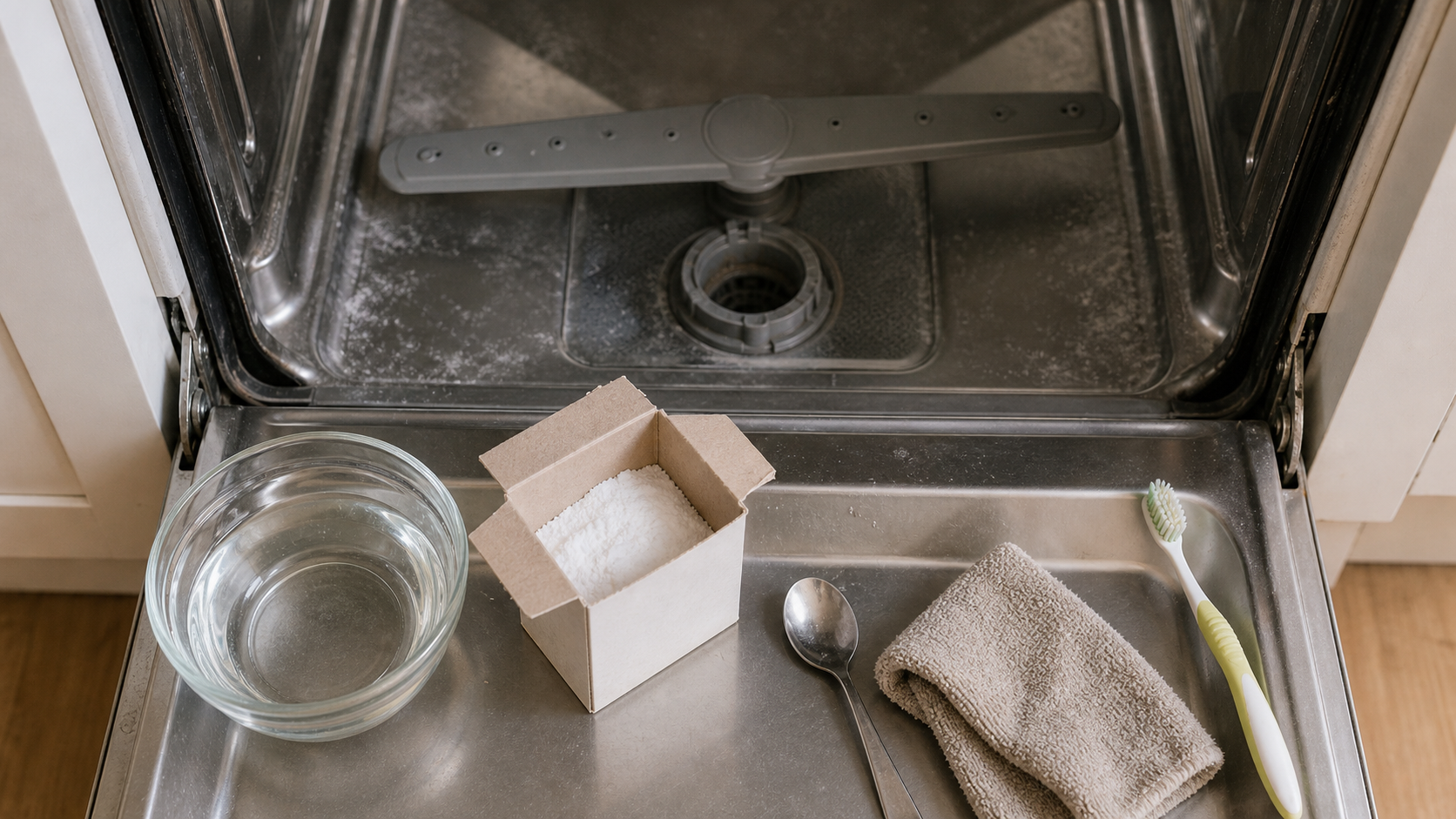 Nettoyer son lave-vaisselle au vinaigre blanc et bicarbonate : vinaigre et bicarbonate sur cuve
