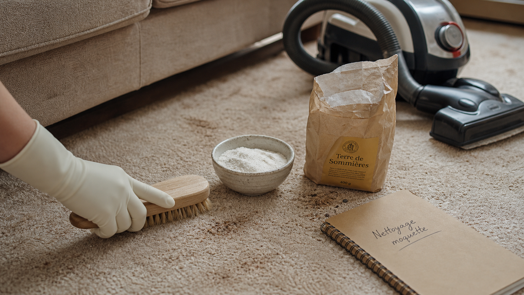 Nettoyer une moquette beige : brosse, bicarbonate et terre de Sommières sur taches