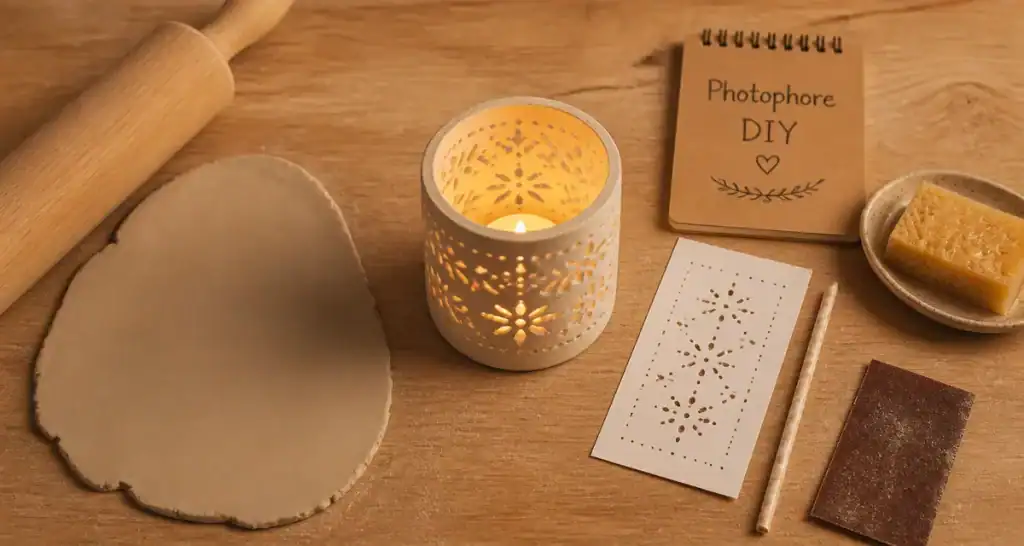 Photophore pate autodurcissante semi-fini, trous pour bougie LED
