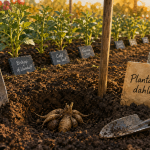 Quand planter les dahlias en pleine terre : tubercule planté dans un trou