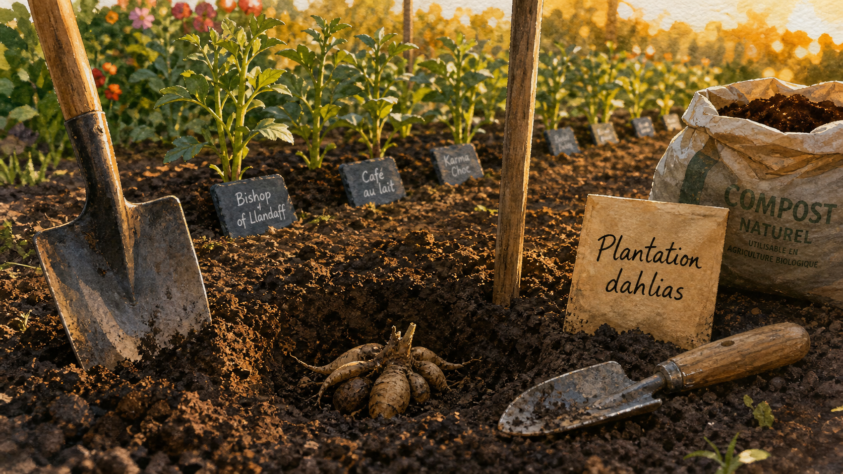 Quand planter les dahlias en pleine terre : tubercule planté dans un trou