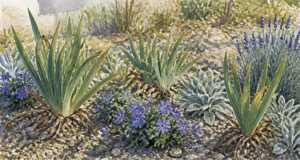 Que mettre au pied des iris : lavande, sauge et paillage drainant en graviers