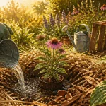 Que planter en juillet août fleurs : main arrose un jeune plant dans un trou frais