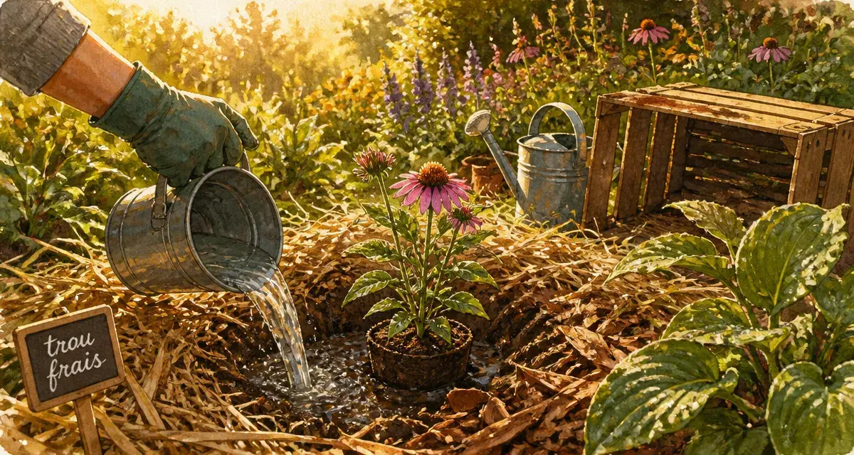 Que planter en juillet août fleurs : main arrose un jeune plant dans un trou frais