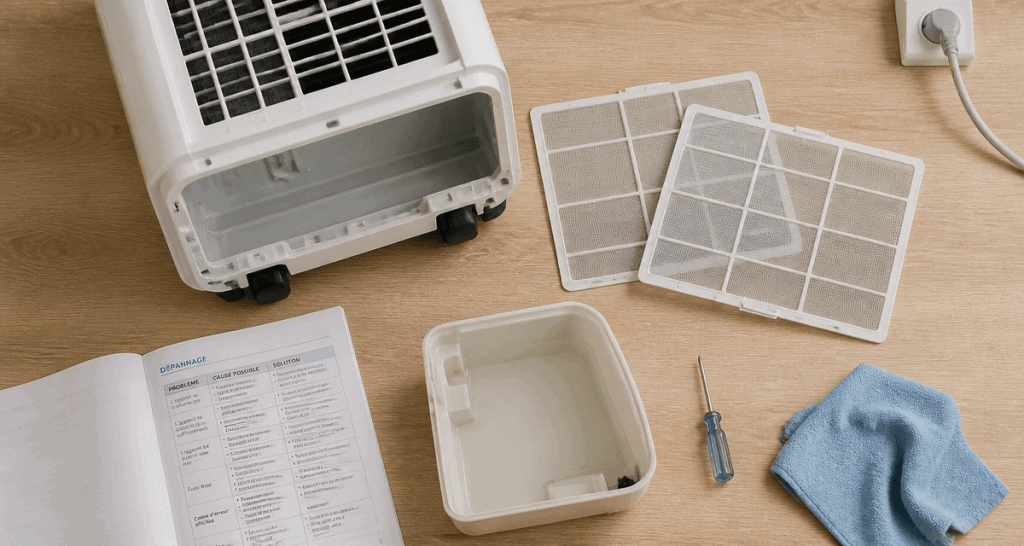 réparation climatiseur mobile avec outils et filtres