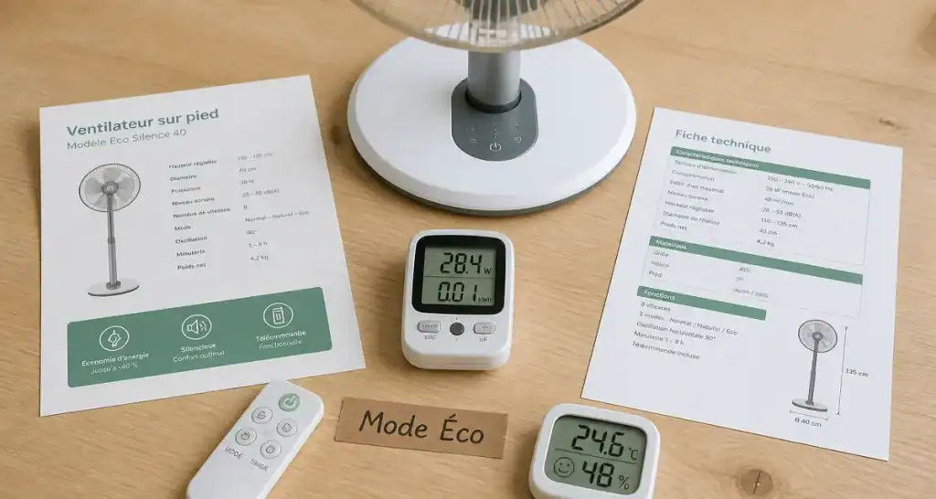 Ventilateur basse consommation sur table, mode éco et wattmètre